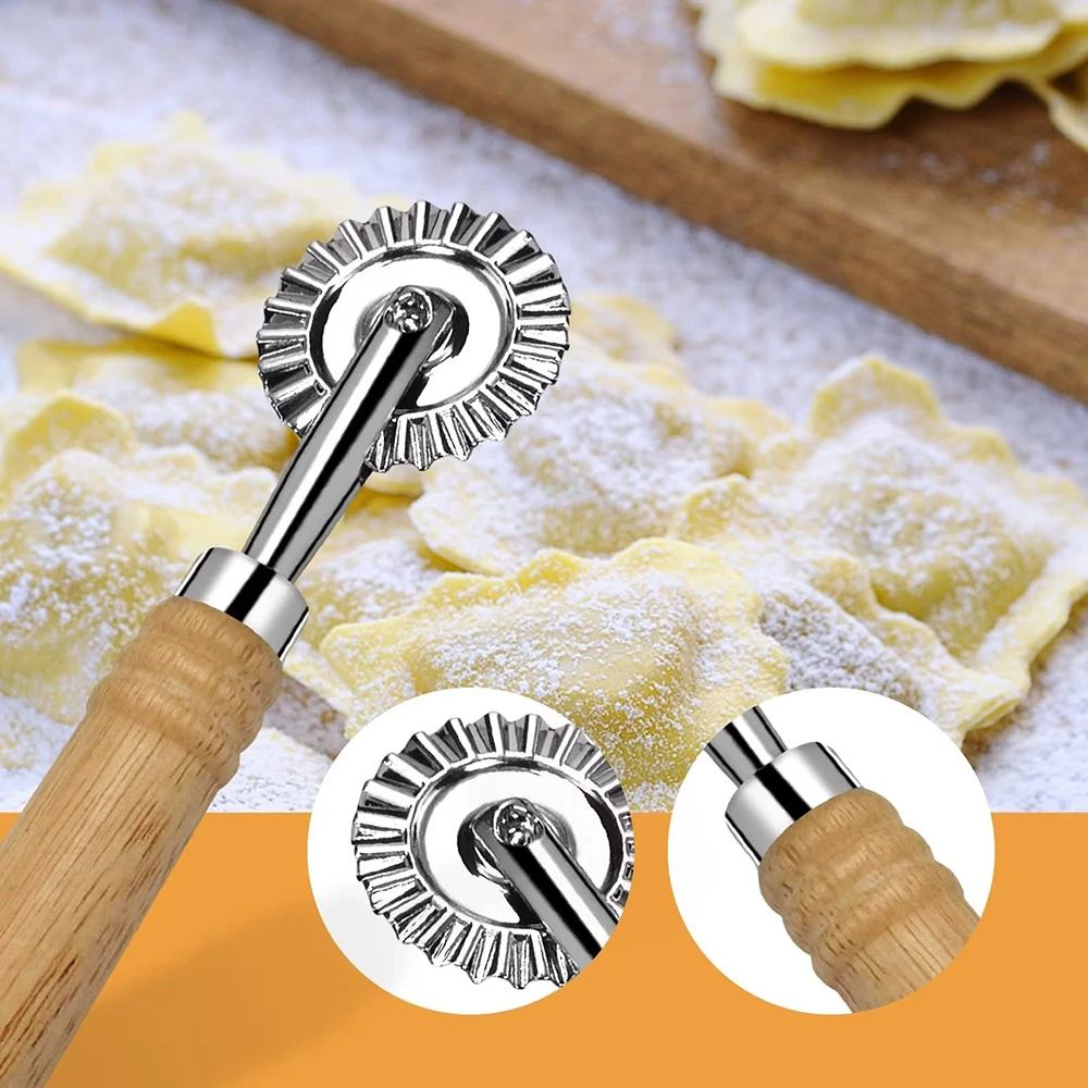 Ravioli Cutter Wheel Pastry Wheel Cutters with Long Wooden Handle Cookie Press Embossing Mold Kitchen Baking Accessories