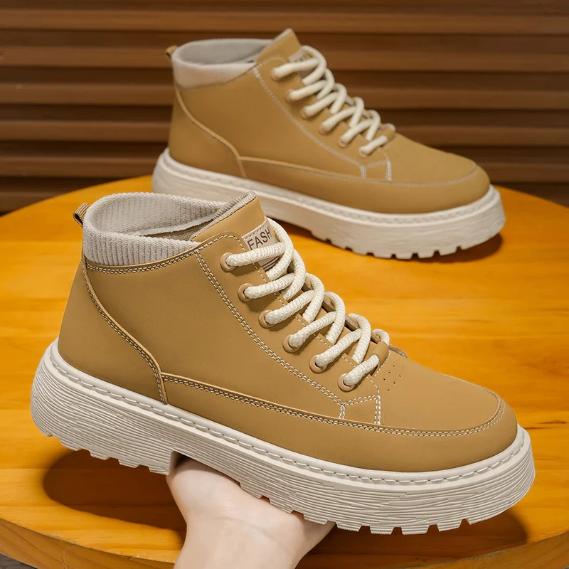 

Men's High Top Leather Shoes Work Yellow Boots Thick Bottom Casual Boots Fashion Outdoor Hiking Shoes Mens Boots