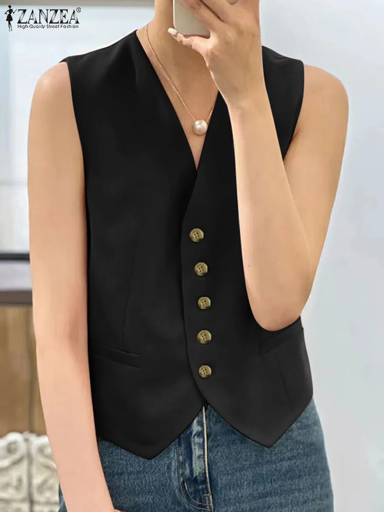 ZANZEA Elegant Ladies Office OL Shirt Women Summer Blouse Fashion V Neck Sleeveless Blazer Vest Casual Solid Buttons Down Tops