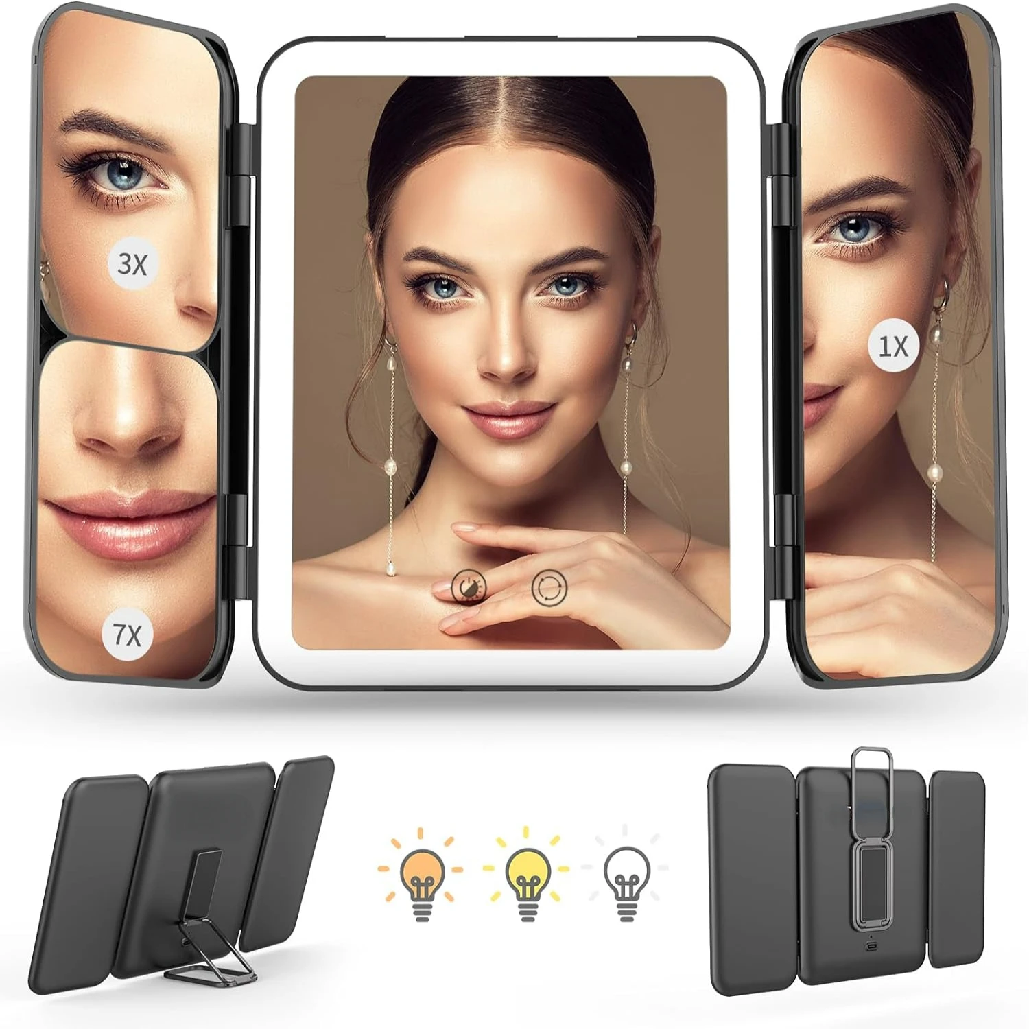 

Portable Trifold Makeup Mirror with Rechargeable Lights - Ideal for Travel, Home & On-the-Go Use, 1X/3X/7X Magnification