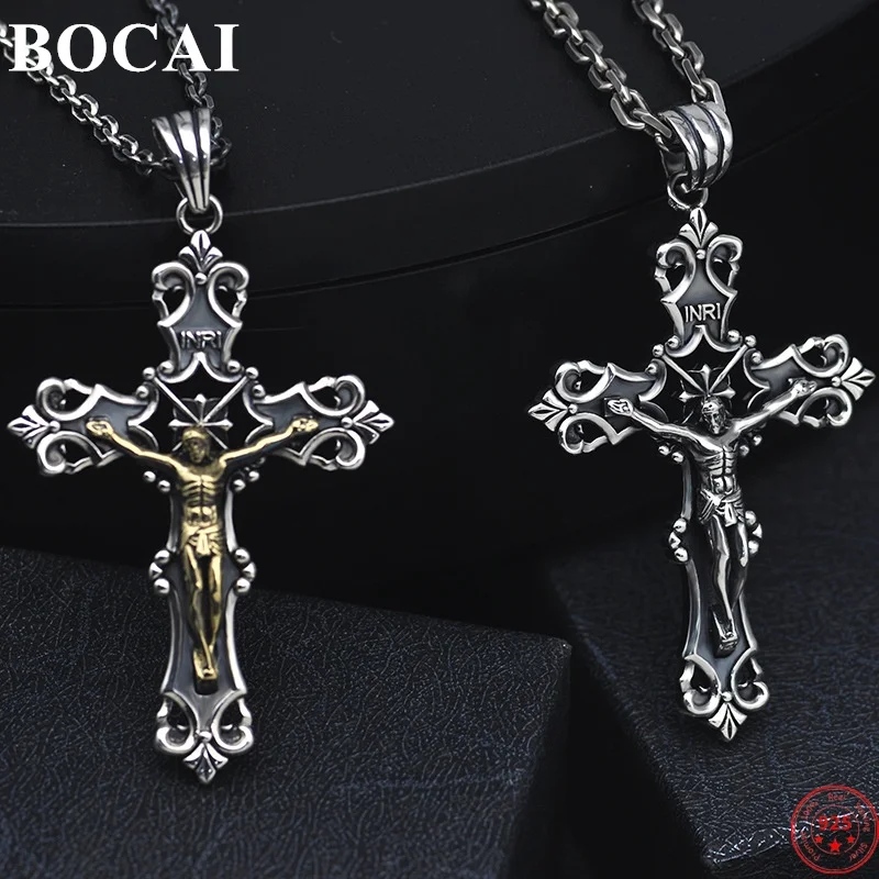 

BOCAI Trendy S925 Sterling Silver Pendants for Women Men New Fashion Crucifixion Jesus Hollow Cross Amulet Jewelry Free Shipping