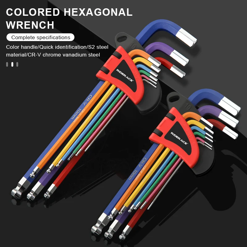 RIDERACE Bicycle Hex Key Set S2 CR-V Steel Service Wrench Colorful Hexagon Spanner Flat Ball Opening MTB Bike Repair Tool Kit