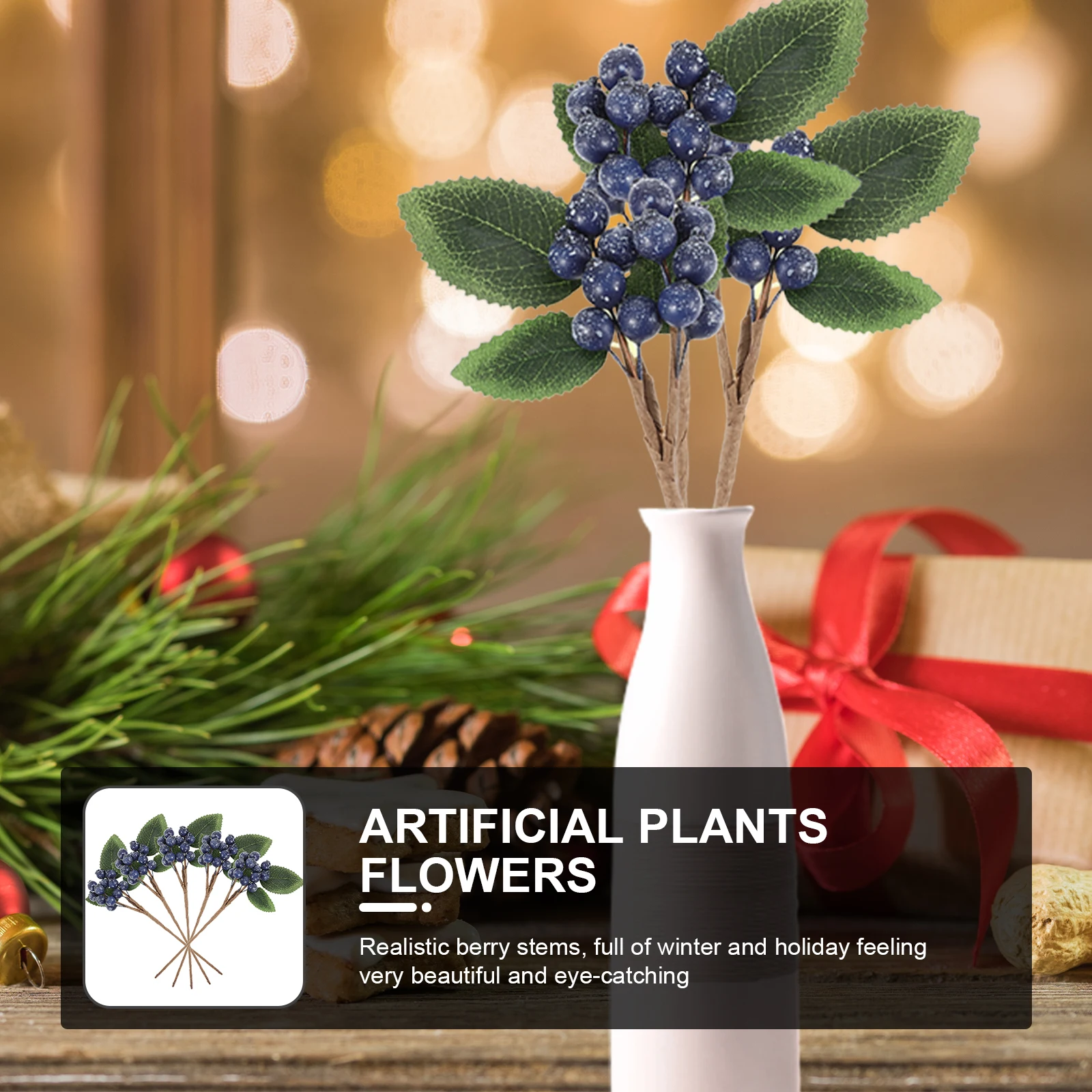 

5pcs Artificial Berries Stem Fake Blueberries For Christmas Tree Wreath Garland Holiday Decorations Indoor Outdoor Use Premium