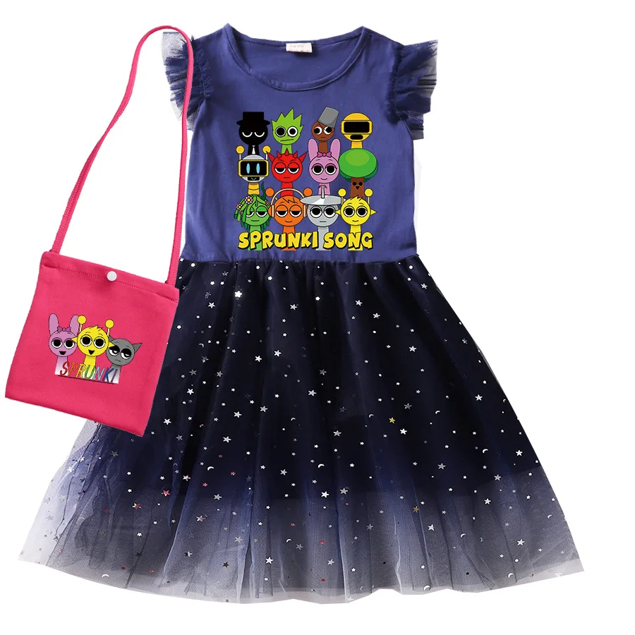 

Милое детское платье с героями мультфильмов Sprunki для девочек, летняя одежда, сетчатые платья принцессы без рукавов, детские платья с цветочным узором для дня рождения, вечеринки