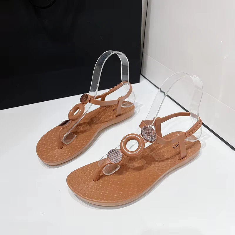 Summer New Flat Shoes Women\'s National One Word Buckle Beach Sandals Soft Soled Herringbone Sandals for Women