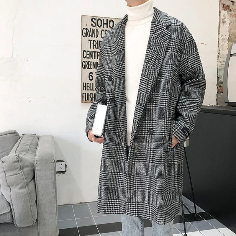 Long Winter Men\'s Coat Houndstooth Warm Wool Men\'s Long Coat Long Jackets For Winter Men 2024 New Korean Reviews Clothes