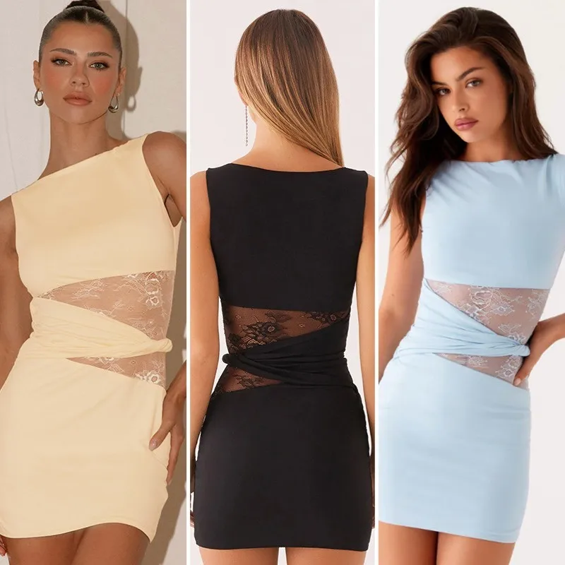 

Sexy Lace Hollowed Out Slim Fit Dress Sleeveless Hip Hugging New High Waisted A-line Skirt High Street Women's Solid Color Skirt