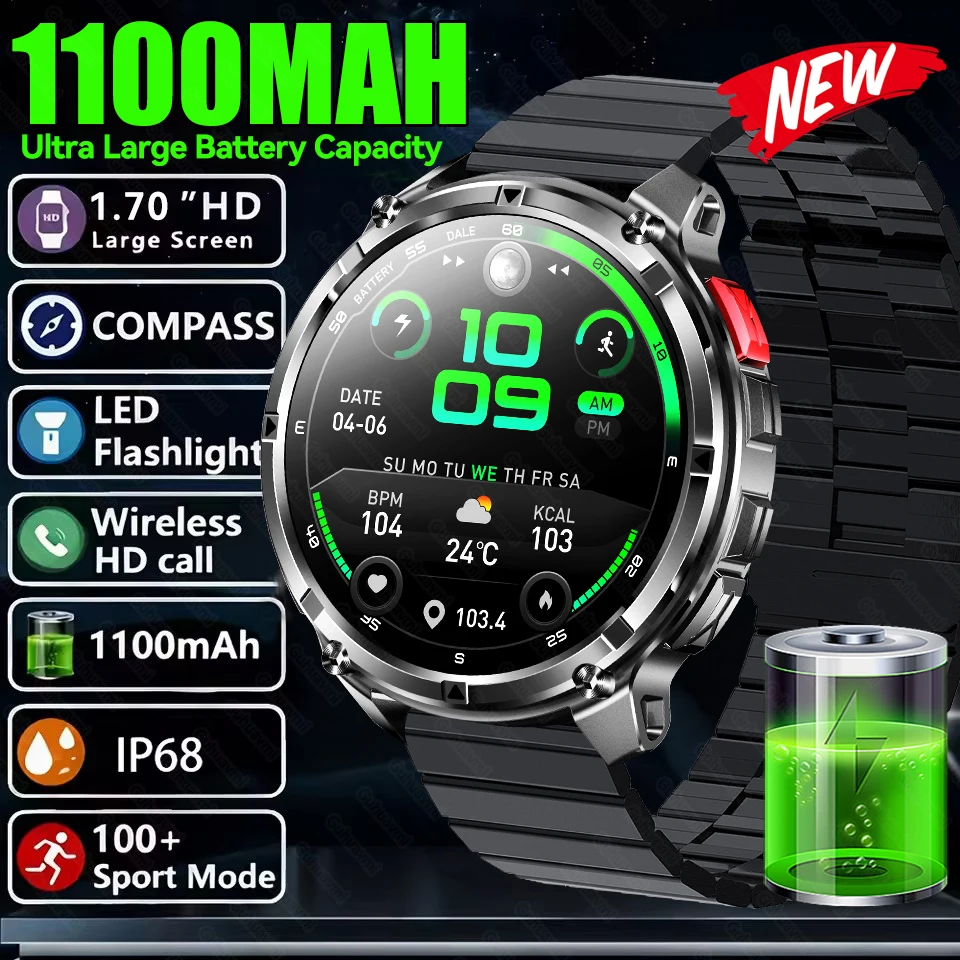 

Военные уличные умные часы 1100 мАч, мужские 1,7-дюймовые спортивные часы с большим дисплеем и компасом, IP68, водонепроницаемые умные часы с Bluetooth и вызовом