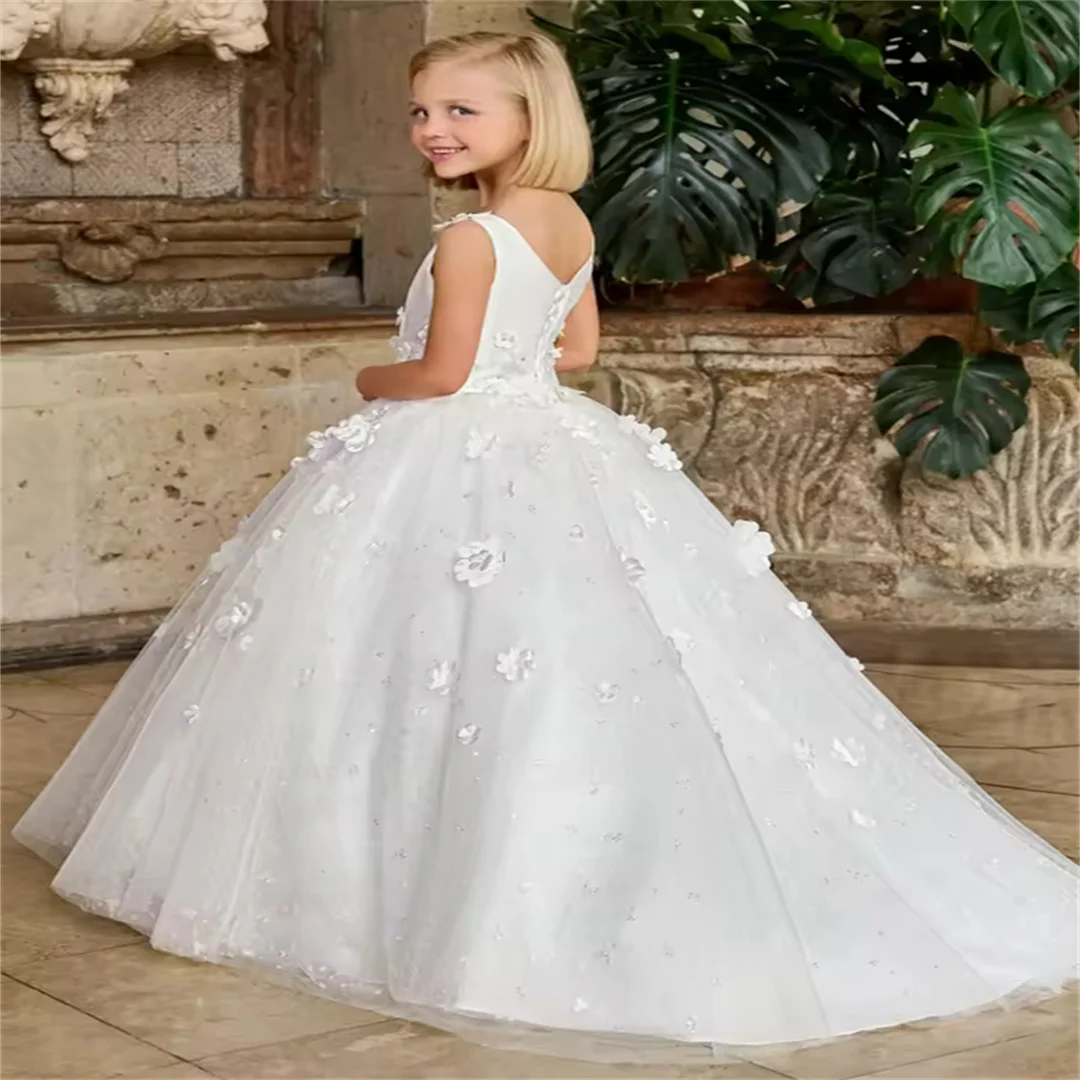 Flower Girl Dresses White Tulle Flowers With Trailing Sleeveless For Wedding Prom Birthday Party First Communion