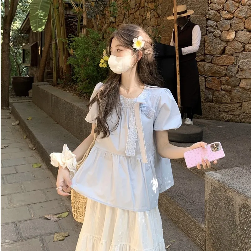 

French Style Loose Bubble Sleeve Doll Shirt Women's Summer New Knot Tie Top Breathable Short Sleeve round Neck Shirt