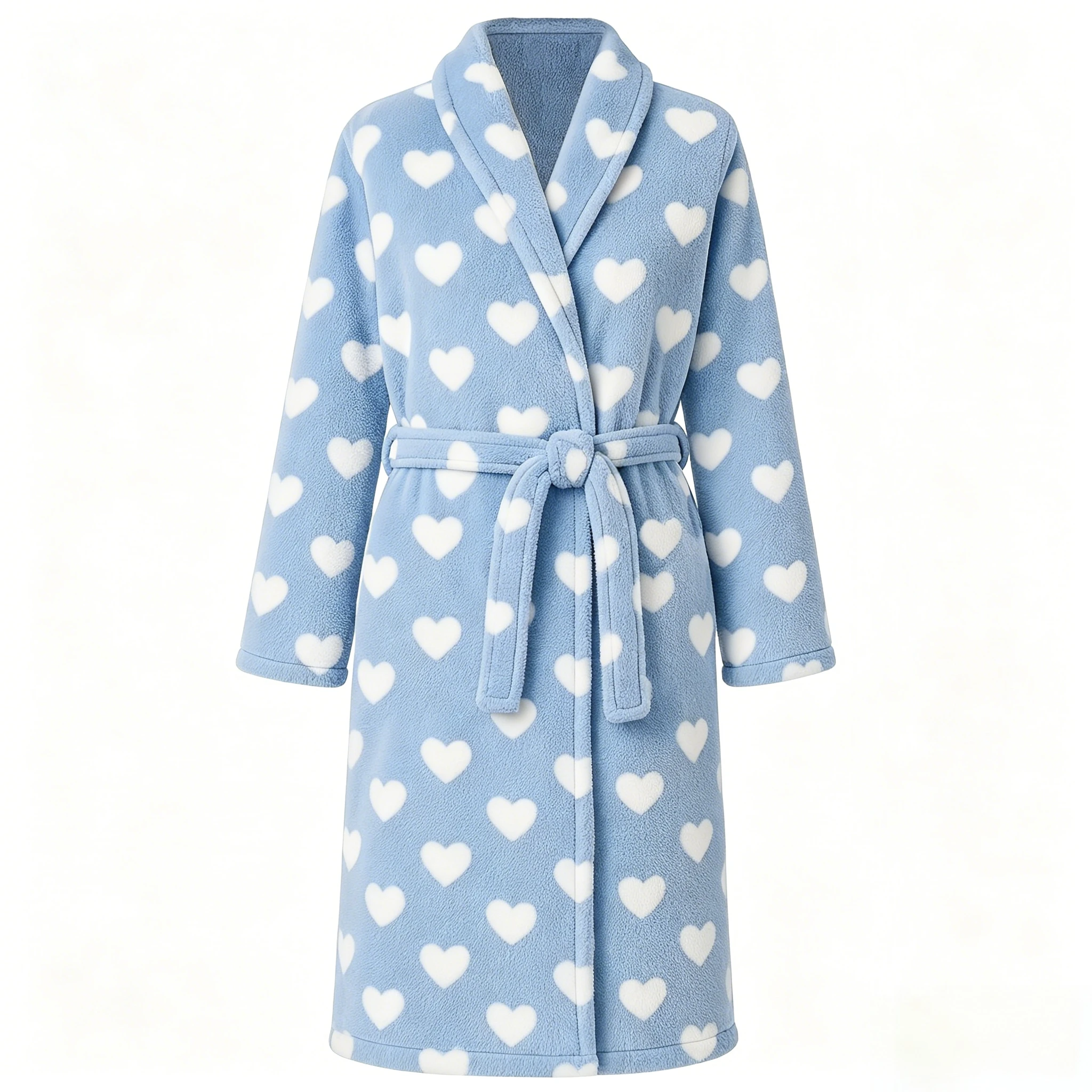 Women Soft Flannel Fleece Loungewear, Heart Special Craft Print, Pajama Set with Pockets and Waist Belt, Wearable Indoor & Outdoor