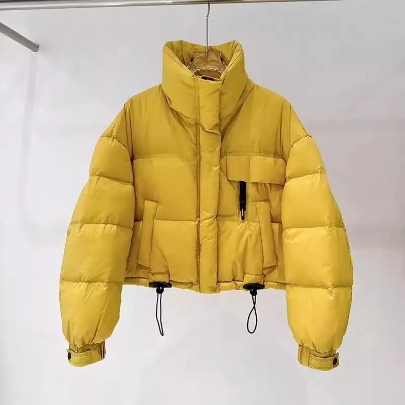 Women Cropped Stand Collar Puffer Jacket Thick Windproof Padded Coat Petite Oversize Drawstring Hem Winter Warm Outerwear
