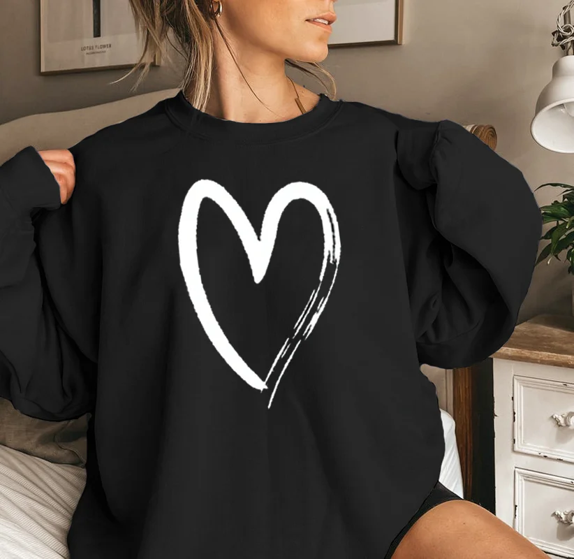 Sudadera holgada informal con cuello redondo para mujer, jerséis de gran tamaño con estampado de corazón, Tops de manga larga para primavera y otoño