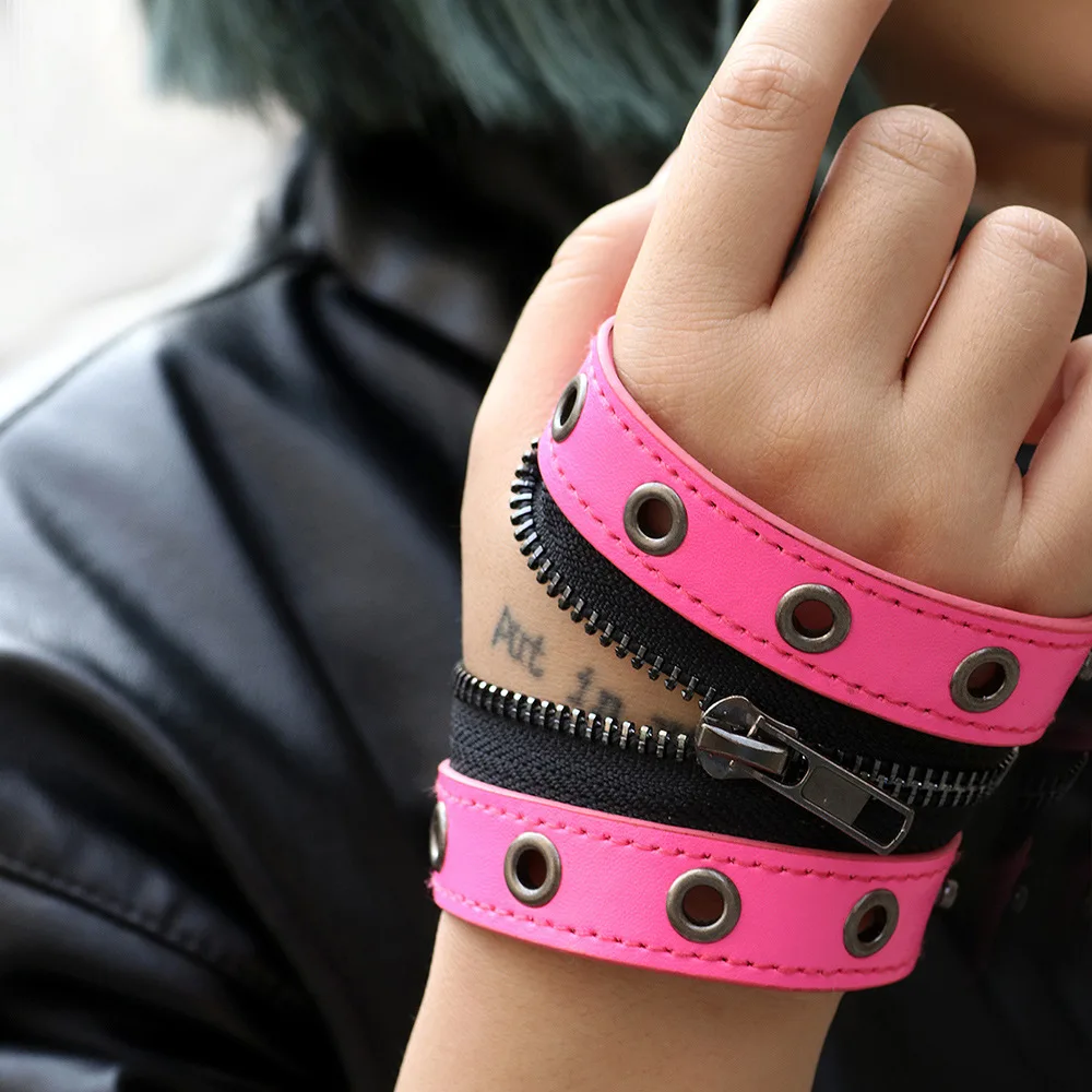 Gothic Adjustable 6cm Width Leather Bracelet Zipper Punk Rivet Wrap Bracelets Bangle Button Wristband Men Women Fashion Accessor