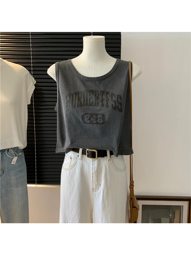 

Washed Vintage American Letter Print Vest Women Summer Thin Wide Shoulder Strap Base Shirt Trendy Korean Style Commute Wind