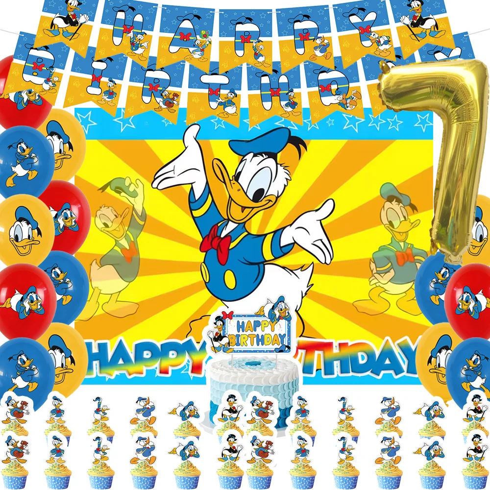 

Disney Donald Duck Birthday Party Supplies Cartoon Animal Duck Latex Balloon Donald Duck Background Cake Topper Banner Kids Gift