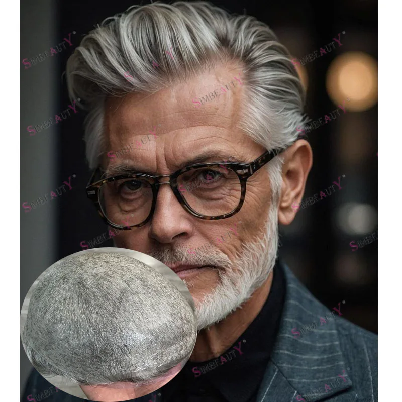 # 550 بني مع نظام الشعر البشري الرمادي الاصطناعي للرجل العجوز خط شعر طبيعي غير قابل للاكتشاف متين 0.06 مللي متر قاعدة كاملة من الجلد شعر مستعار #1