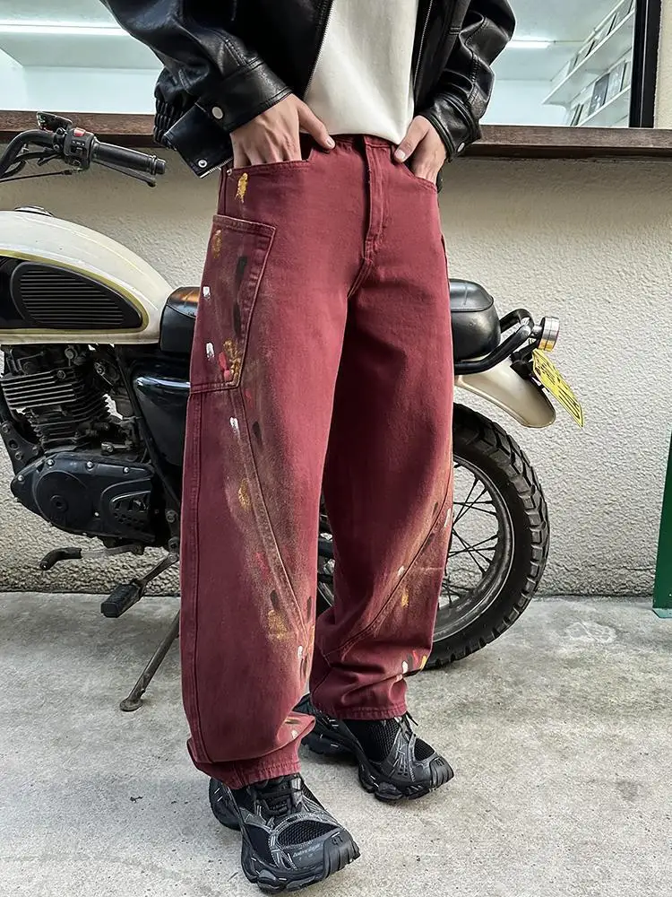 2025, Frühjahr und Sommer, neue High-End-Machete-Jeans mit Rotbemalung, gerade, lockere amerikanische High-Street-Mode für Herren, hübsch