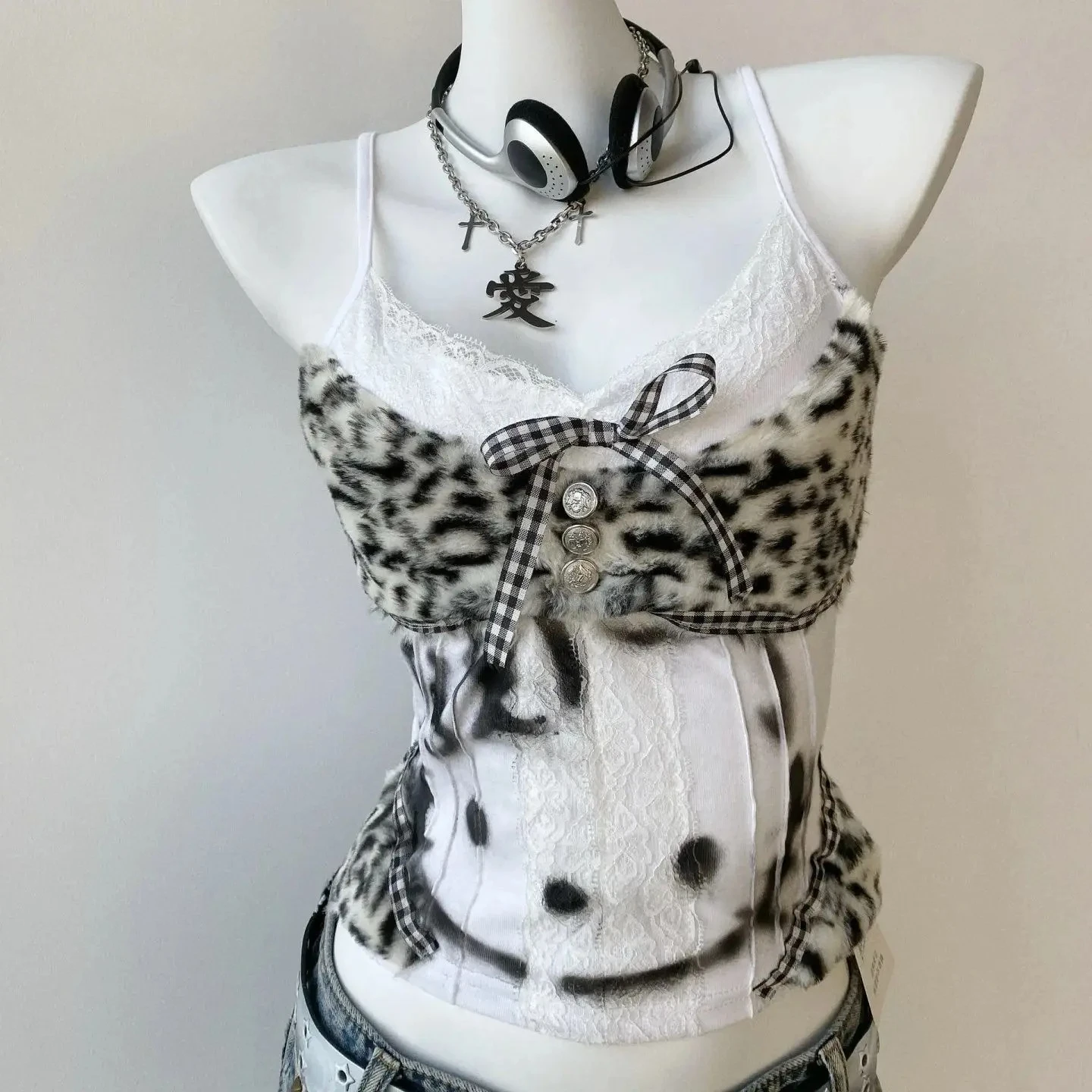 Women Leopard Patchwork Tank Top Lace Trim Sleeveless Camisole with Bow Detail Grunge Aesthetic Sexy Streetwear Vest 2025