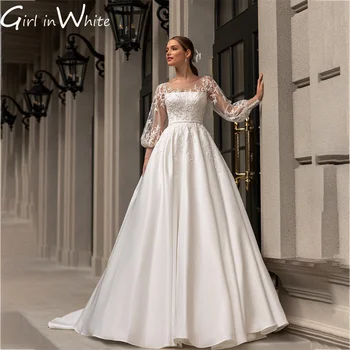 Princess Ivory Satin Wedding Dress A Line Long Sleeves Wedding Gowns customized Appliques Button Bridal Gown vestidos de novia