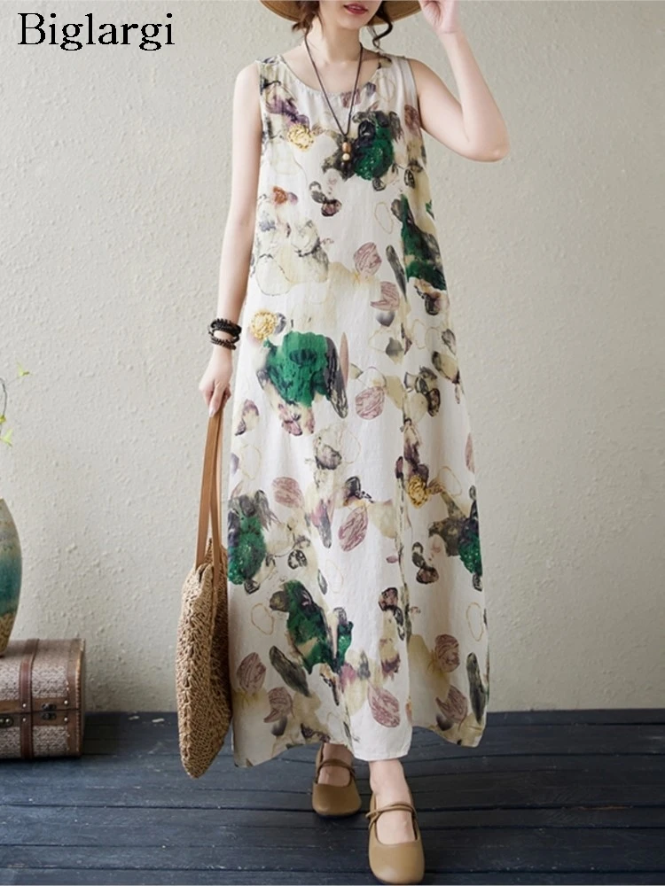 

Oversized Summer Sleeveless Vests Dress Women Floral Print Fashion Casual Ladies Dresses Loose Pleated Woman Long Dress