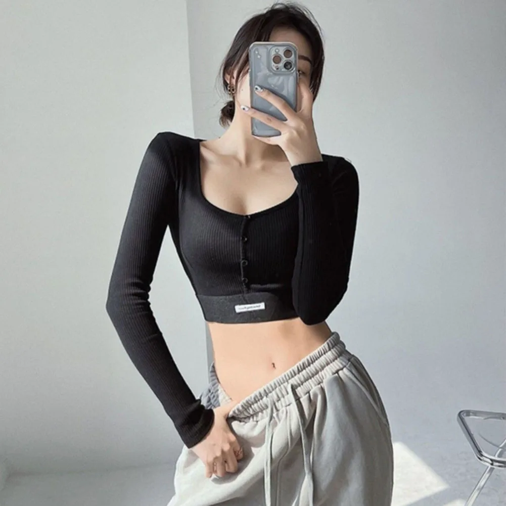 Women Long Sleeve Crop Tops with Square Neckline Button Detail Slim Fit Y2k Korean Casual T Shirts for Multiple Seasons