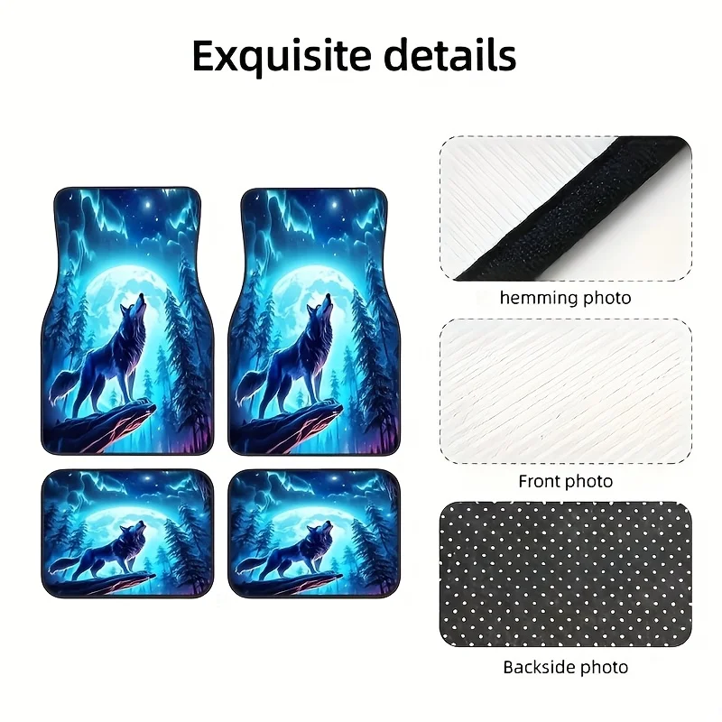 4pcs, Magic Wolf Theme Style Car Rubber Mats, Universal Non-Slip Carpet, Easy-to-Clean Interior Accessories, Synthetic Rubber Ma