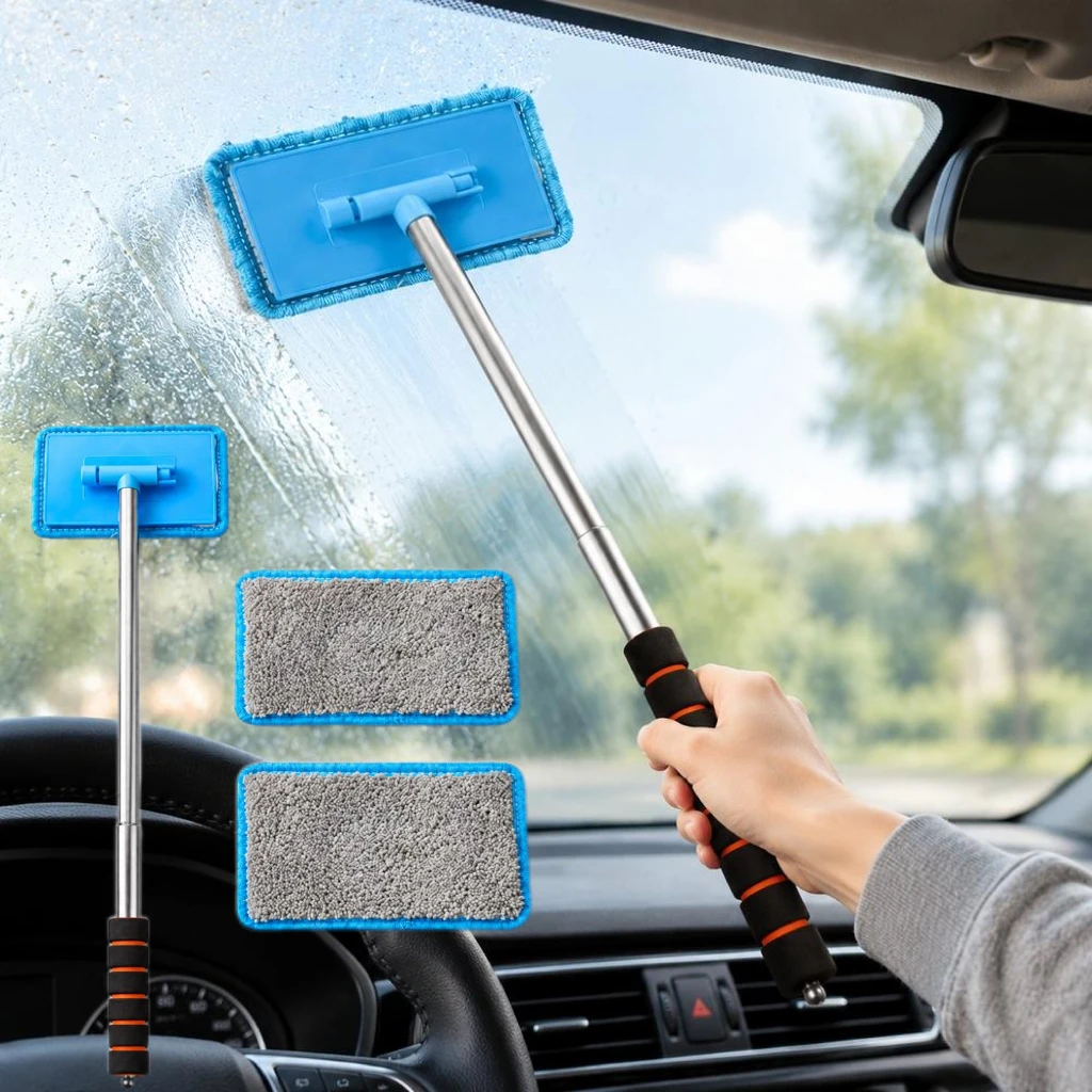 Portable Car Windshield Cleaning Brush Auto Glass Cleaner Tools Handheld Smooth Wiping Glass Brush With 2/4pcs Microfiber Pads