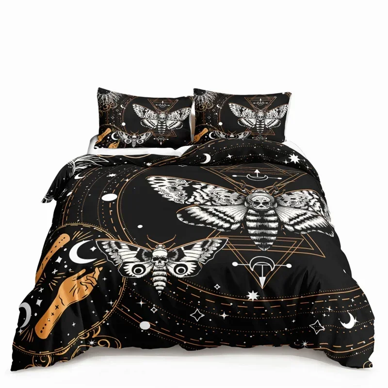 Butterfly And Death Moth Bedding Set For Girls Gothic Skull Boho Comforter Cover Decor Bedroom Sun and Moon Pattern Duvet Cover