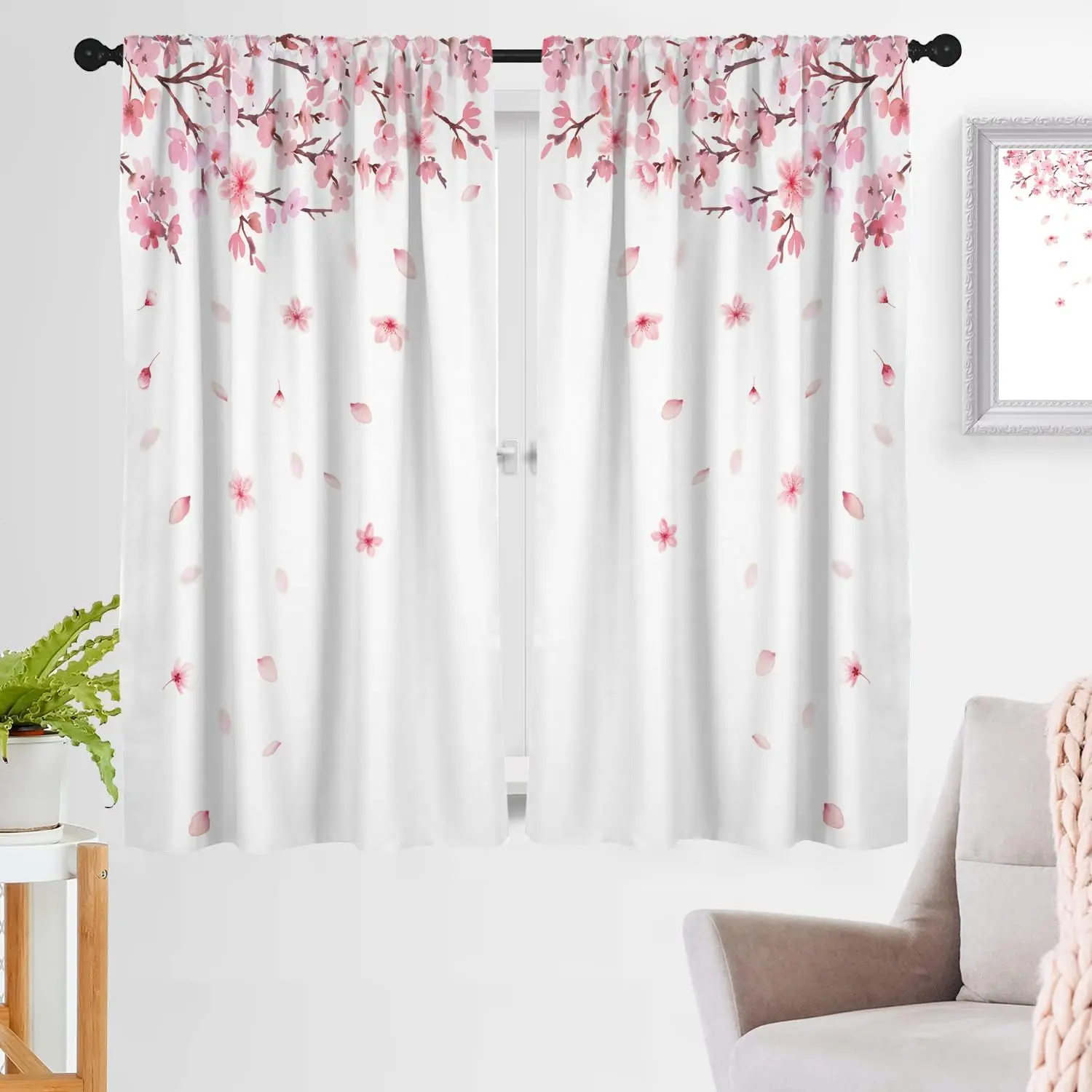 Pink Floral Window Curtain Wide White Floral Flower Cherry Blossom Japanese Sakura Branches Garden Art Botanical Girls Bedroom