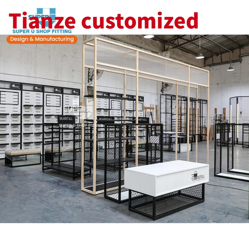 (customized)Custom Black White Metal Uniform Display Shelf Boots Wall Mounted Display Rack Suit Store Display Furniture Work