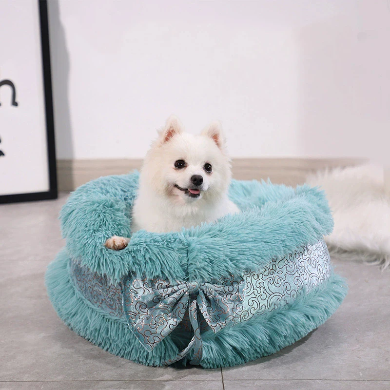 

Warm Plush Round Dog Bed Winter Cat Basket Washable Bow Cute Princess Cat Bed Pad Pet Sofa for Small Medium Cats