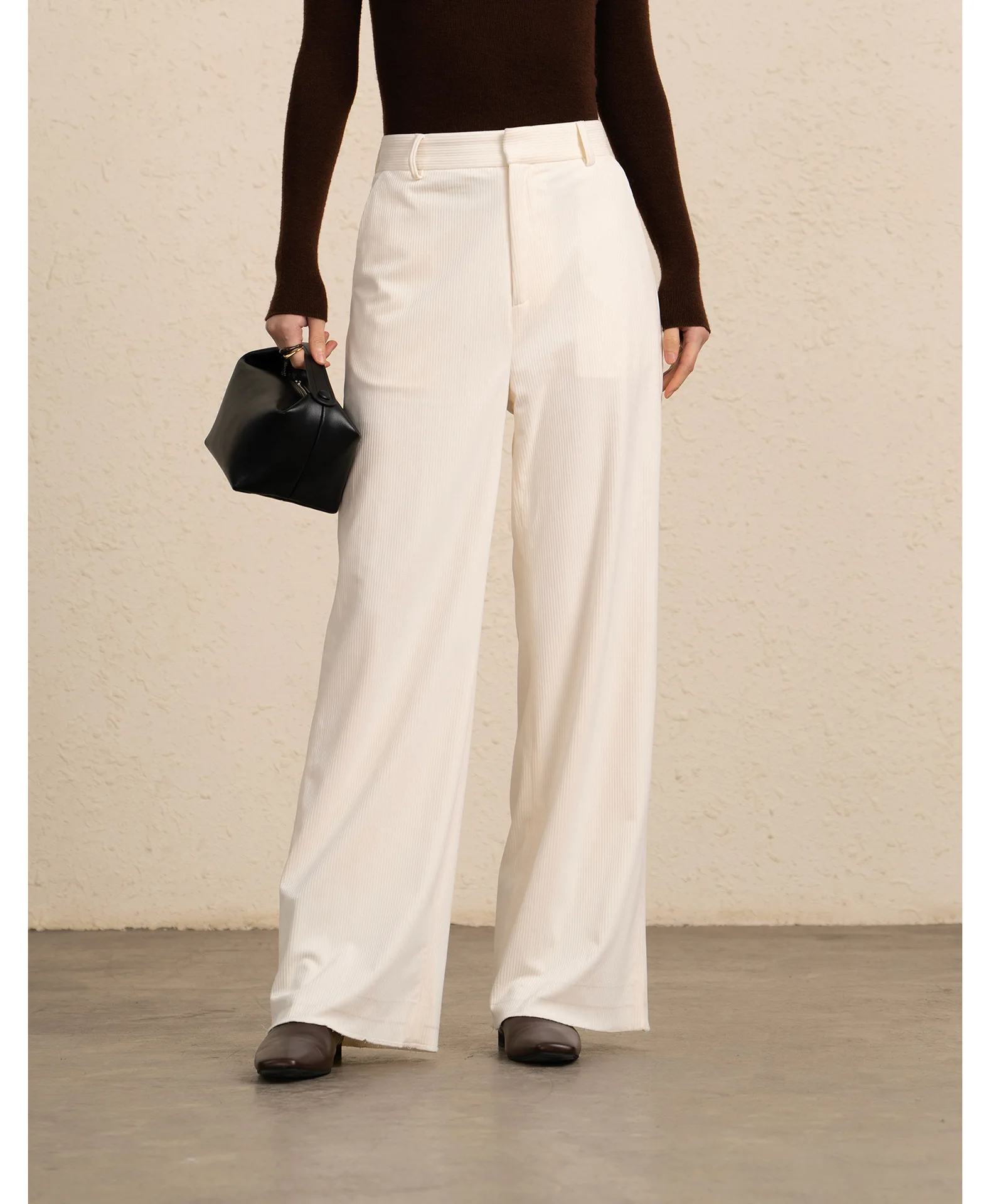 Soft Elastic Corduroy Wide Leg Pants for Women, High Waist Straight Casual Trousers, Elegant Office Wear