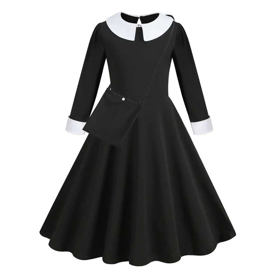 Addams Dress W-Wednesday Costume Girl Dress for Girls Black Dress Halloween