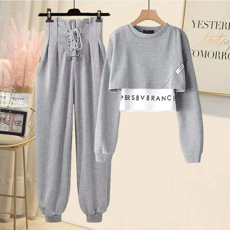 Koreaanse populaire herfst nieuwe lange mouw T-shirt hoge taille kant casual Harun broek tweedelige elegante damesbroek set