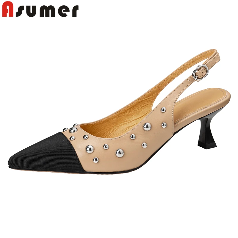 

ASUMER 2026 Новые женские туфли из натуральной кожи, босоножки с острым носком на шпильке, туфли для вечеринок и свадеб, летние туфли-слингбэки