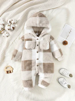 Baby jongens en meisjes geruite romper met capuchon en lange mouwen pluche jumpsuit winter warme bodysuit kleding voor peuterjongen 3-24 maanden