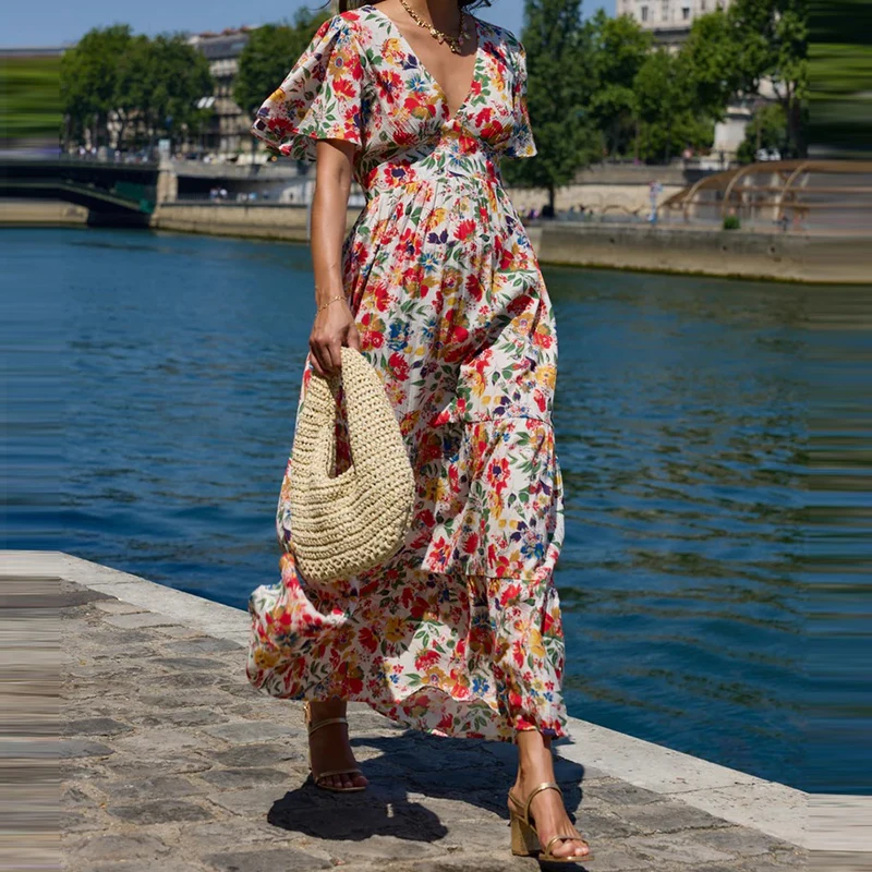 Elegante padrão impressão férias vestido de festa moda altura cintura solta vestido de manga curta senhoras sexy com decote em v plissado bohe vestido longo