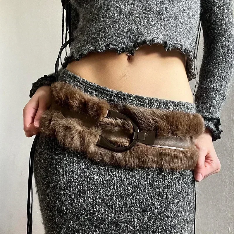 Vintage Brown PU Leather Fur Belt Y2K Hook Furry Fur Belt Cowgirl Gothic Punk Sexy Belts HipHop Waistband Jeans Pants Decor