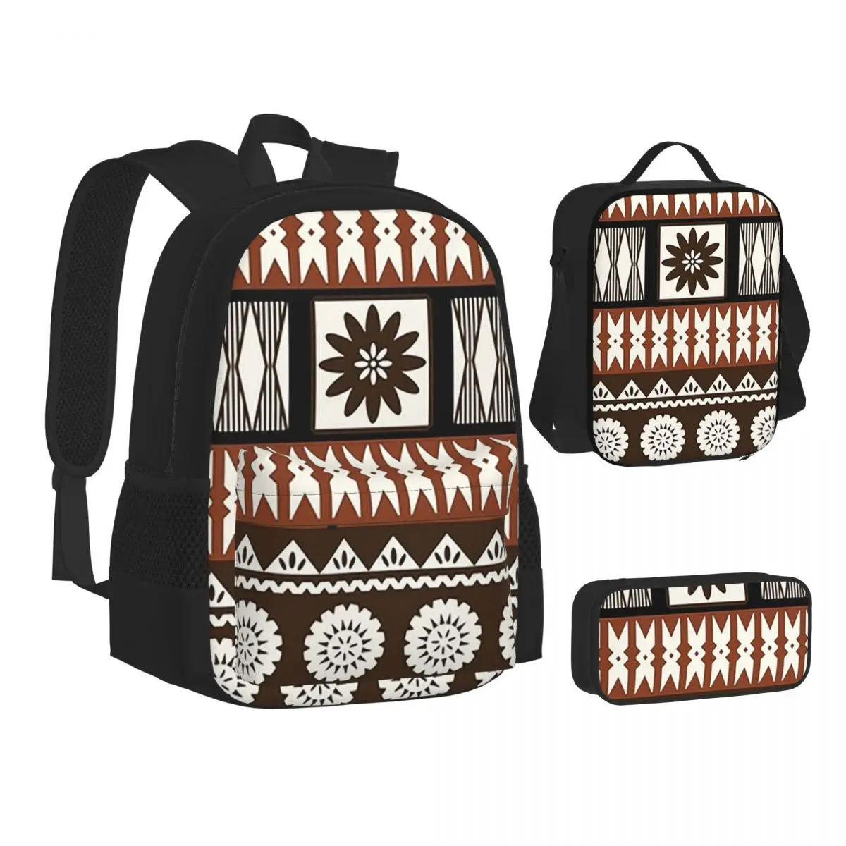 Fijian Masi - Tapa Backpacks Students Bookbag School Bags Kids Rucksack Lunch Bag Pen Bag Three-Piece Set