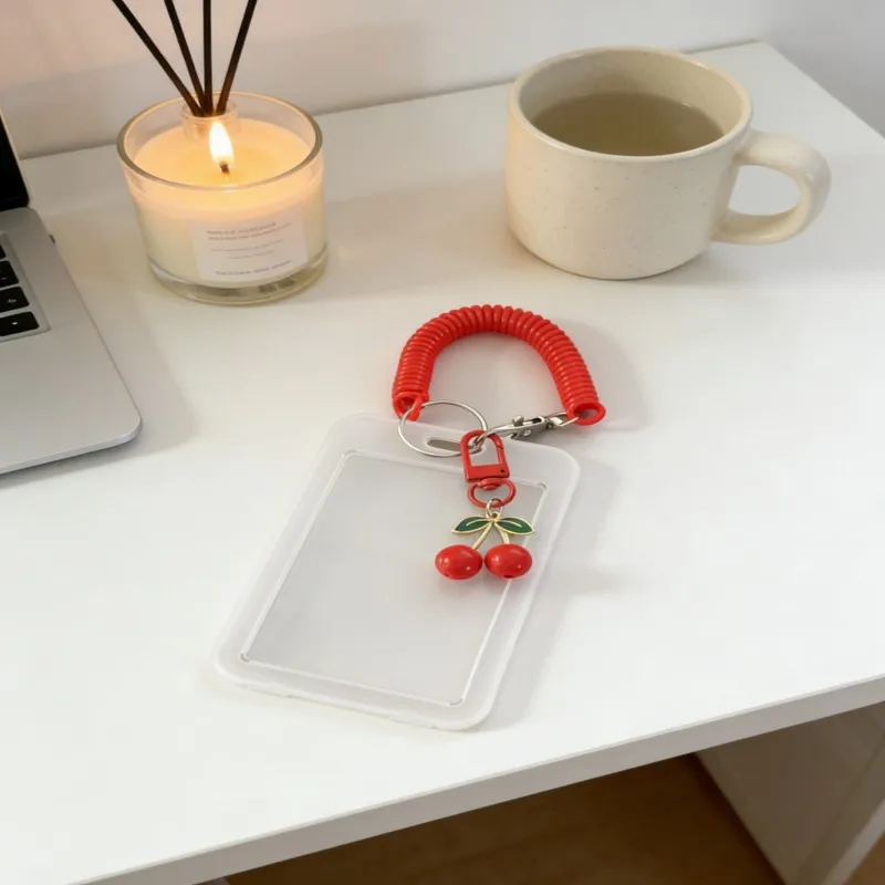 1Heavy-Duty Retractable ID Card Holder, With Cherry Keychain and Wrist Strap - Transparent PVC Card Holder, With Safety Locking image 6