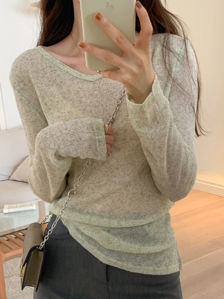 Long Sleeve T-shirt Women V Neck Sexy Slim Korean Thin Tshirts Spring Autumn Black White Tops Basic T Shirt Woman Ladies Clothes