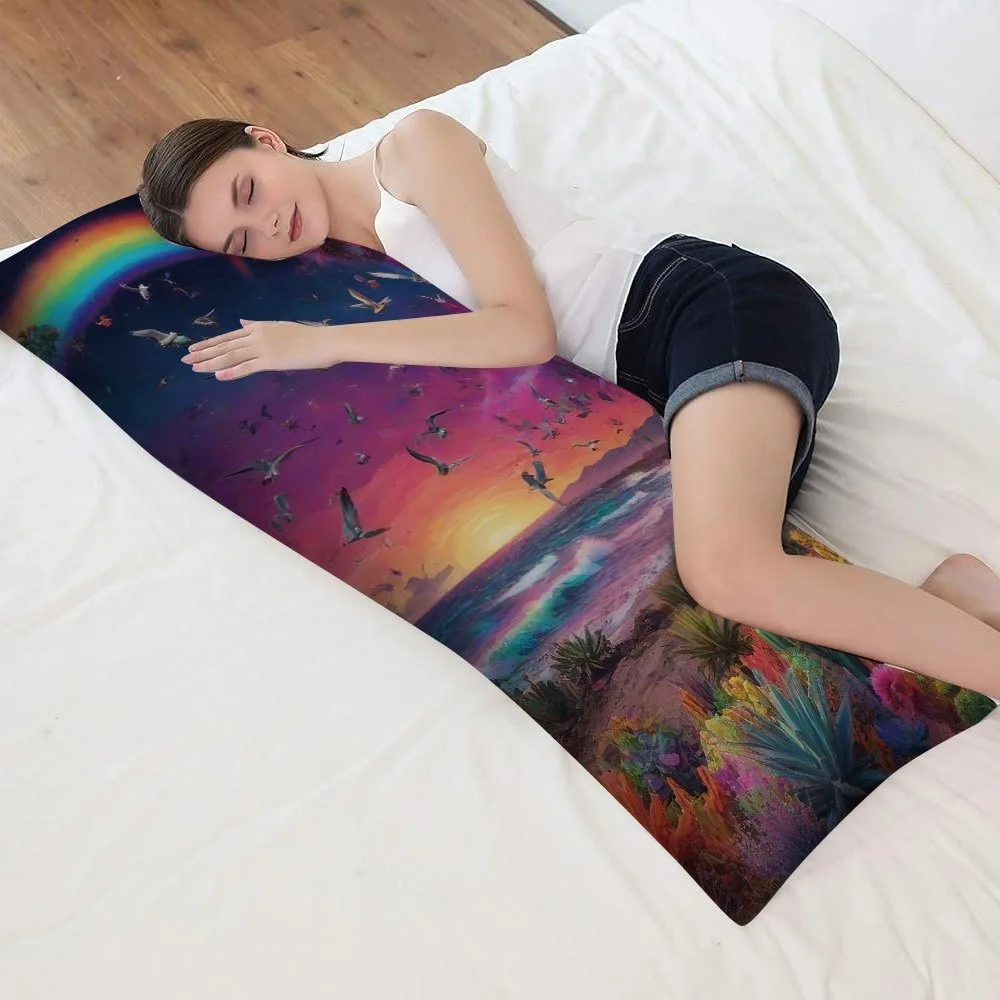 A Vibrant Rainbow And Bird Design Long Pillowcase - 20*54 Inches / 50×137 Cm - Double-Sided Modern Art, Zipper Closure, Machine