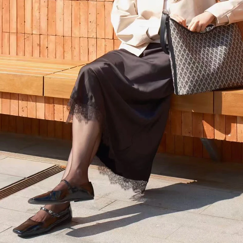 Moda feminina saia de comprimento médio cetim renda retalhos saia de comprimento médio elegante e feminino adequado para uso diário e datas