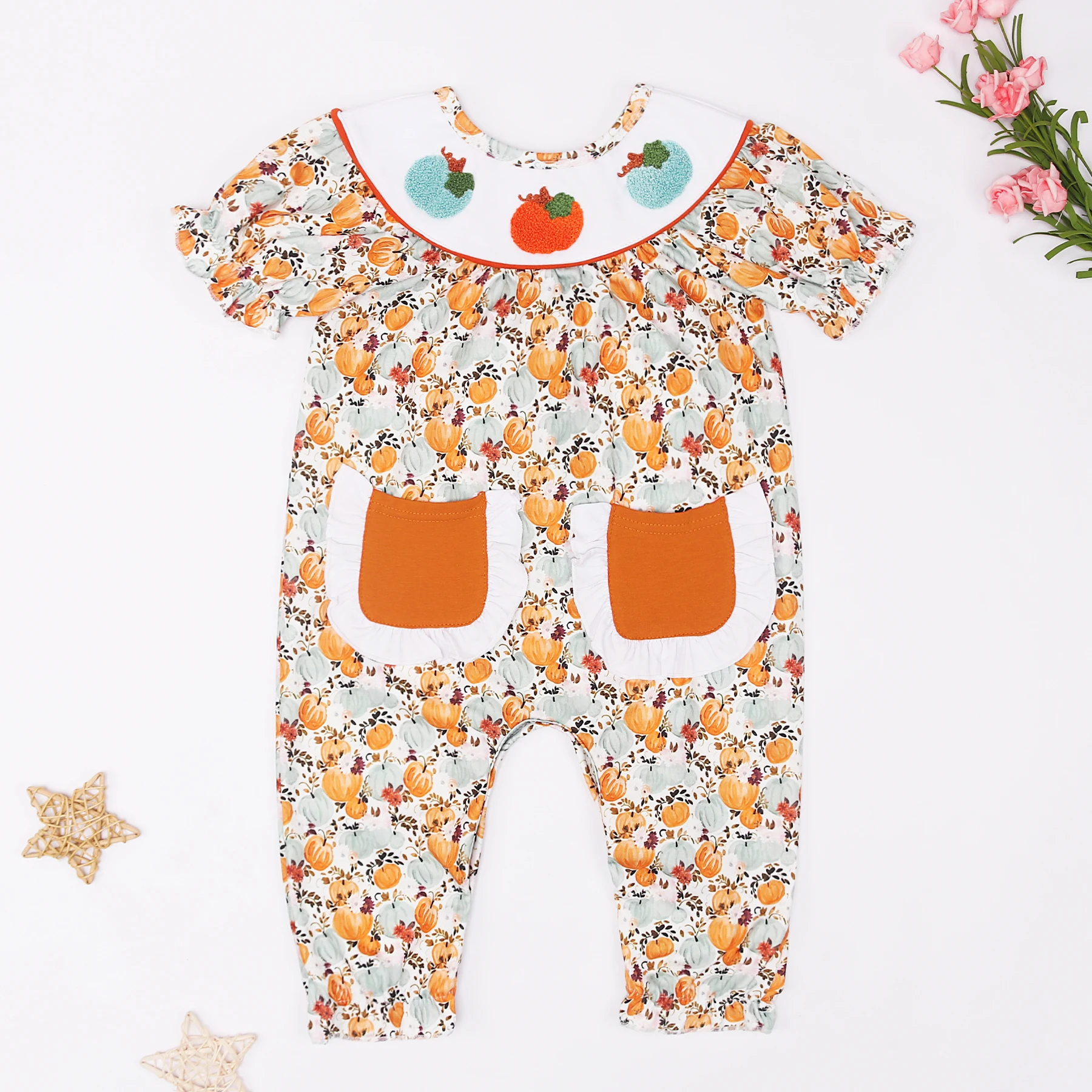 Exquisite Summer Sleeveless Round Neck Pumpkin French Knot Girl Sets And Romper Boy Blue Top Set Orange Lattice Clothes Pants