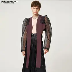 Men Irregular Blazer Mesh Patchwork See Through Open Stitch Long Sleeve Casual Suits Streetwear 2024 Fashion Men's Coats INCERUN