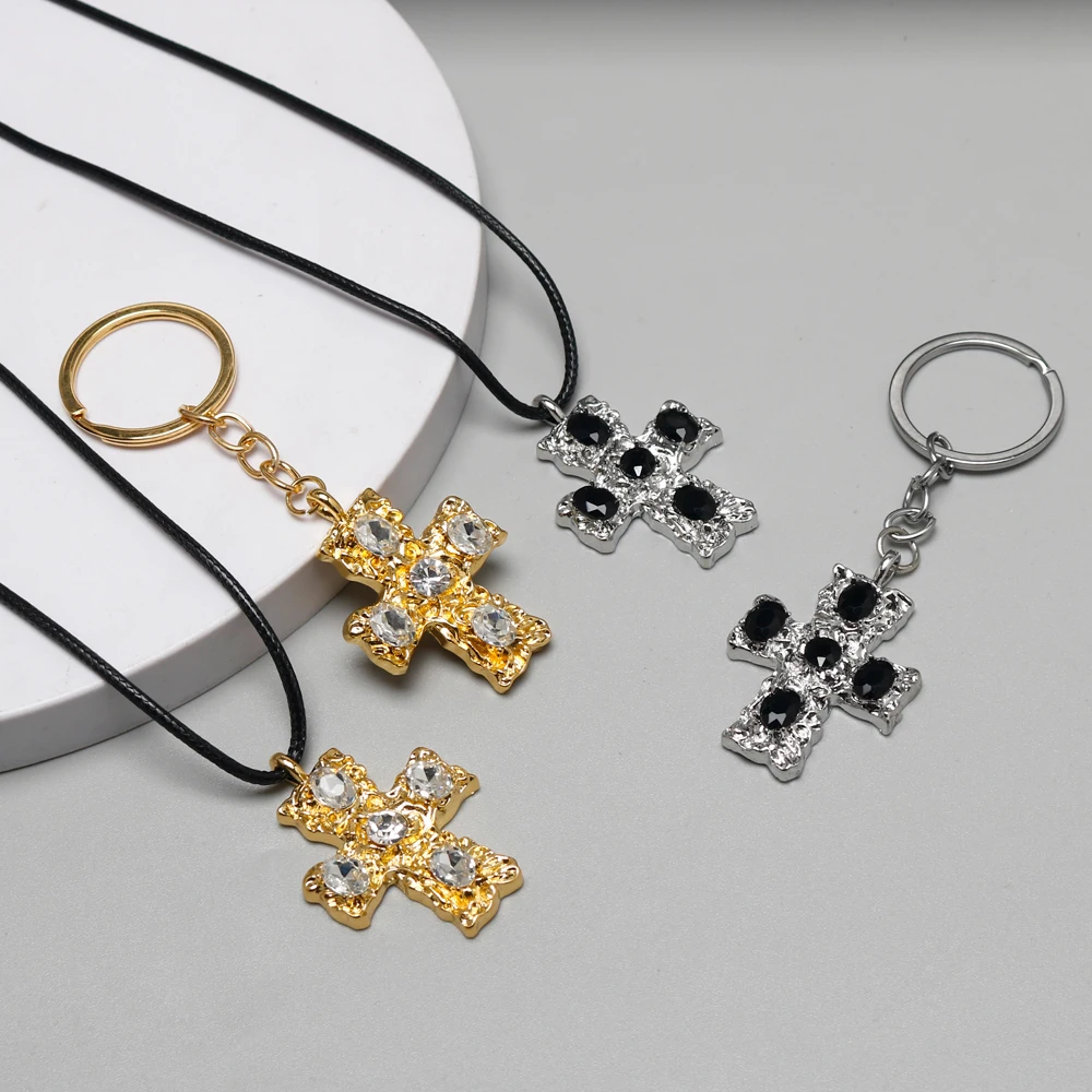 Fashion Geometric Cross Pendant Necklace Black White Rhinestone Inlaid Cross Metal Jewelry Friend Accessories