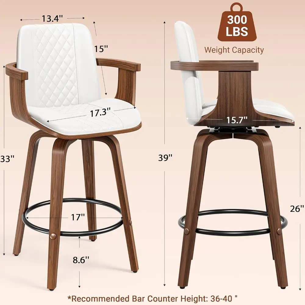 زوج من 26 مقعدًا دوارًا من جلد البولي يوريثان بأذرع، باللون الأبيض، لطاولة المطبخ الحديثة أو الجزيرة