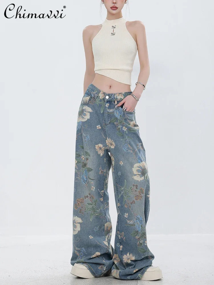 

Summer New Fashion American Retro Printed Wide Leg Jeans Women High Waist Slim Streetwear Elegant Ladies Straight Mopping Pants