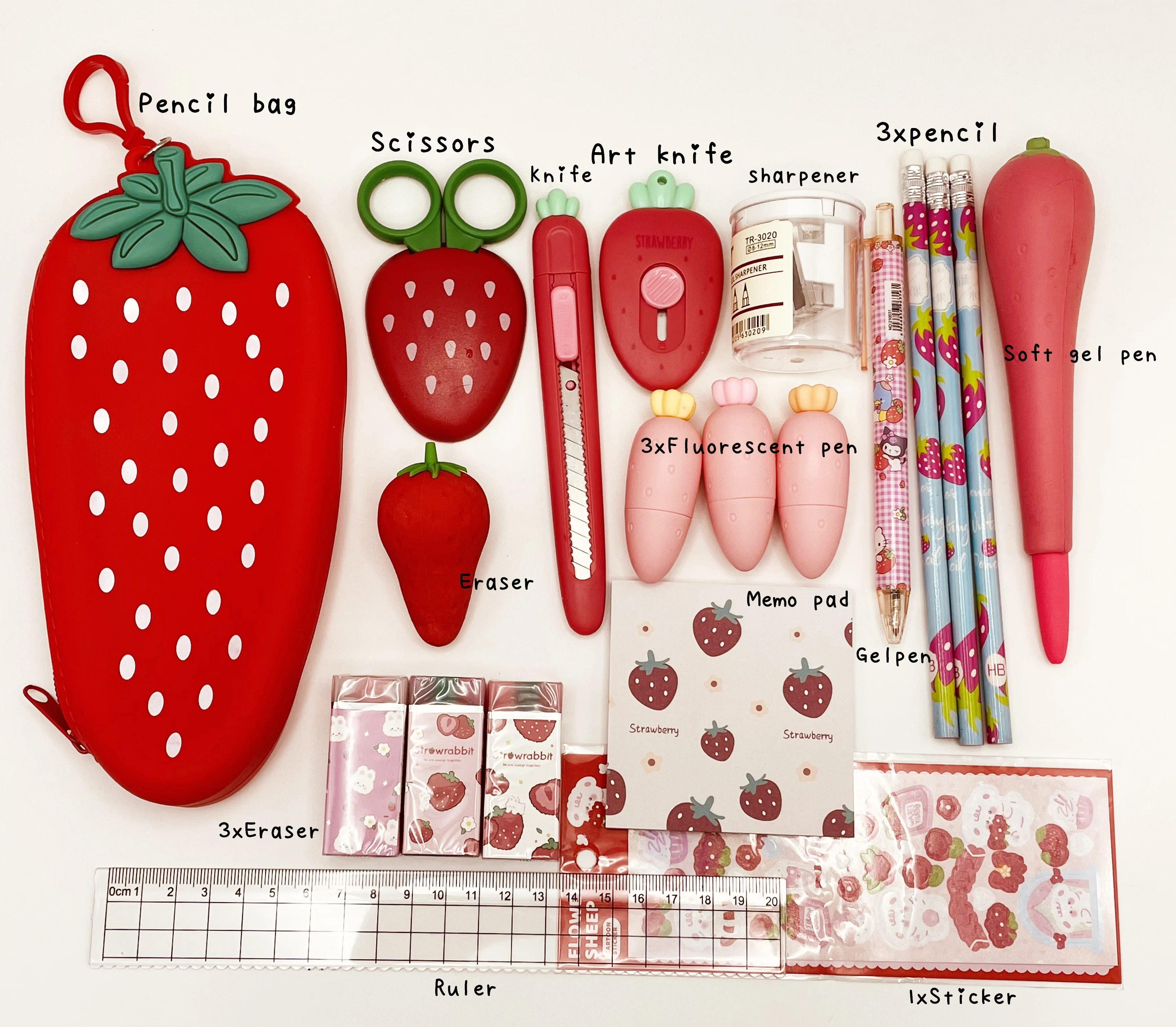 SKYSONIC Strawberry Cenoura Série Papelaria Set para Crianças, Pen Holder, Faca, Memo Note Gel Pen, Material Escolar Estudante, Presente, 20Pcs